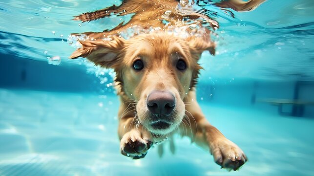 young golden retriever puppy swimming in a pool, Underwater funny photo of golden labrador retriever puppy in swimming pool play with fun - jump, dive deep down. Ai generated 