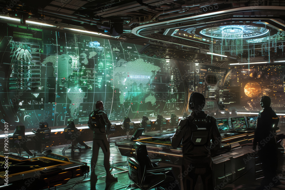 Poster futuristic command center with world map