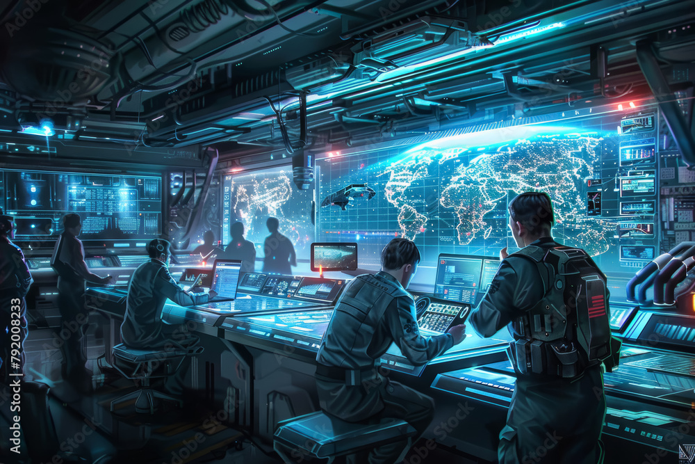 Poster futuristic command center with world map