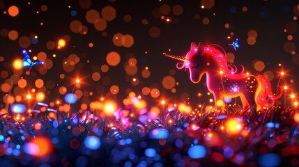   A pink unicorn stands in a field of grass, sporting a blue butterfly atop its head