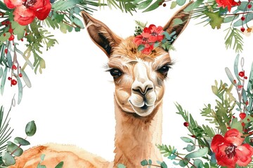 Obraz premium Llama surrounded by flowers and greenery