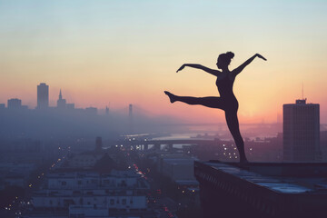 Fototapeta na wymiar Dancer Silhouette Against Dawn Cityscape Backdrop