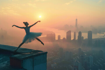 Dancer Silhouette Against Dawn Cityscape Backdrop