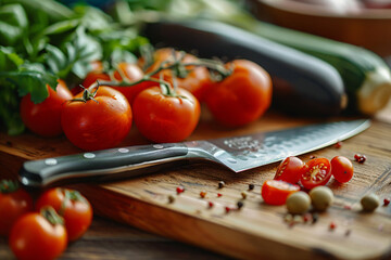 Fresh tomatoes and herbs on cutting board with kitchen knife. Culinary and cooking concept. Design for recipe book, food blog background