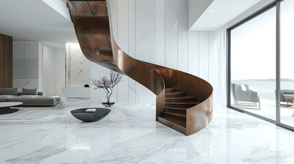 a coffee steel plate metal staircase set against the pristine backdrop of a white room, featuring white marble floors, enhancing the indoor living environment.
