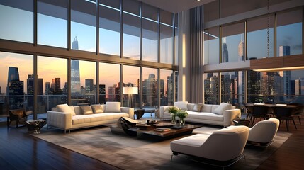Panorama of modern living room with panoramic windows and city view