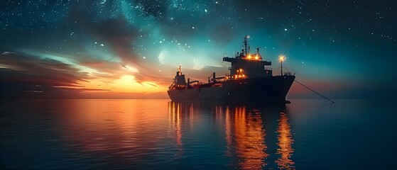 Oil tanker docked at night stars shining in the dusk sky. Concept Night Photography, Oil Tanker, Stars, Dusk Sky, Port City