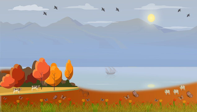 River water flow and mountain autumn landscape illustration. Falling leaves from tree scene and beautiful stream near meadow or slate. sun, animals, butterfly, ship, cow & sheap in this illustration