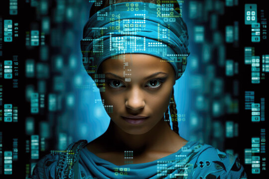 young woman on the background of a hologram of data