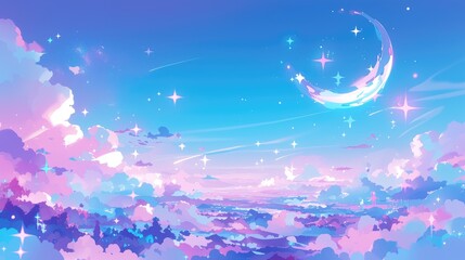 Immerse yourself in a whimsical world of fantasy with a holographic illustration awash in pastel hues featuring a charming cartoon girly backdrop against a vibrant multi colored sky adorned  - obrazy, fototapety, plakaty