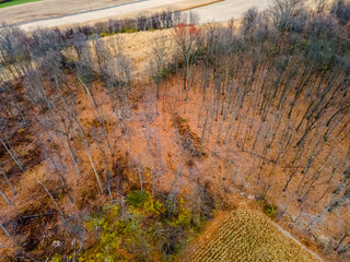 Aerial landscape of forest and corn in the Appalachian mountains in rural Herndon Pennsylvania