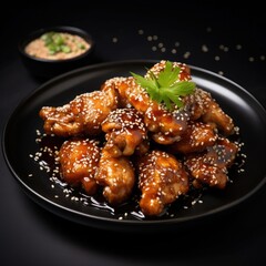 Teriyaki chicken in teriyaki sauce with sesame seeds on black background