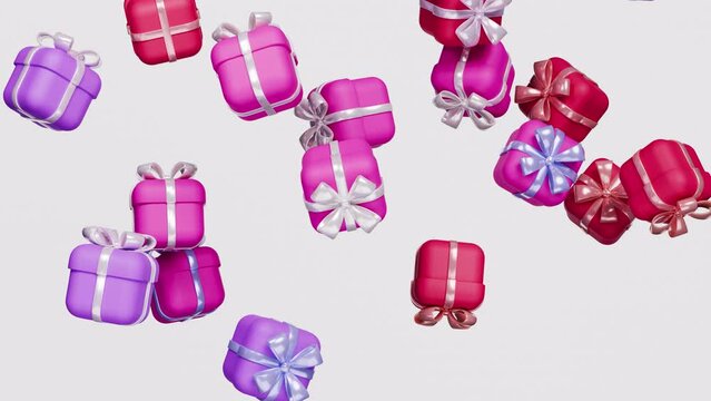 Many gift boxes falling down animation. 3d render, realistic. Present, surprise box. Mobile Marketing, earning prizes, winning bonus or rewards from store. Christmas, new year holiday, birthday