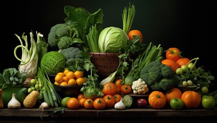 Composition with variety of raw organic vegetables on wooden table. Balanced diet