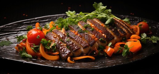 Grilled duck breast with vegetables on a black plate on a black background