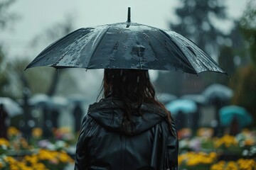 Solitary Woman Holding Umbrella, Mourning in Rain at a Funeral, Surrounded by Graves and Life’s Vibrant Colors.