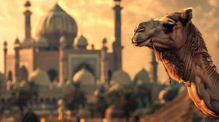 Foto op Plexiglas Magnificent mosque in the desert with a camel resting under the beautiful sky at sunset, calm desert atmosphere, Eid ul Adha, Eid ul fiter © Rozeena