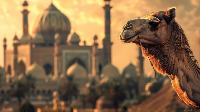 Magnificent mosque in the desert with a camel resting under the beautiful sky at sunset, calm desert atmosphere, Eid ul Adha, Eid ul fiter