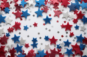 A pattern of red, white, and blue stars arranged neatly on a plain white background. The stars vary in size and are evenly spaced, creating a patriotic and festive aesthetic. 