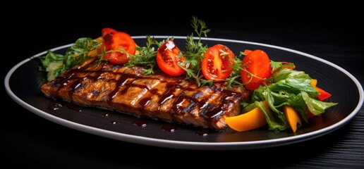Grilled salmon steak with vegetables on a black plate on a black background