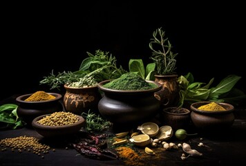 Spices and herbs on wooden background. Food and cuisine ingredients.