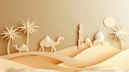 Arabian Night in Desert. Vector illustration. Place for text. Ramadan Kareem landscape, camel caravan, mosque and palms in oasis, Ramadhan creative modern banner poste Eid ul adha, Eid al adha - obrazy, fototapety, plakaty