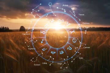 Concept of astrology horoscope inside a big zodiac wheel - obrazy, fototapety, plakaty