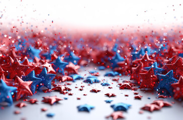  3D rendering of small red, white and blue stars on the background. American flag concept for design, greeting card or banner with copy space. USA celebration holiday background with glitter star