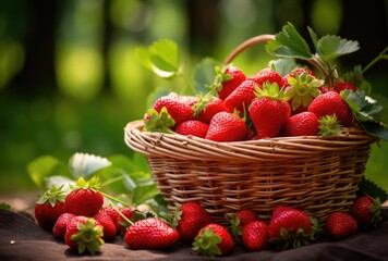Strawberries in a basket on a wooden table in the garden