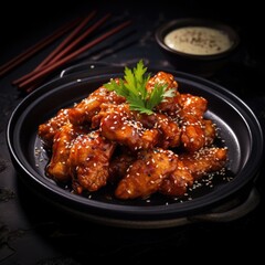 Teriyaki chicken with sauce and sesame seeds on black background