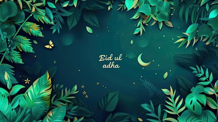 Fototapeta na wymiar Eid ul adha, Eid ul fiter decoration background template illustration. banner, copy space Ramadan Kareem celebration, the moon shines big with trees equipped