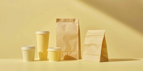 Paper bags and cups on table