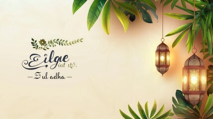 Eid ul adha, Eid ul fiter decoration background template illustration. banner, copy space Ramadan Kareem celebration, the moon shines big with trees equipped - obrazy, fototapety, plakaty
