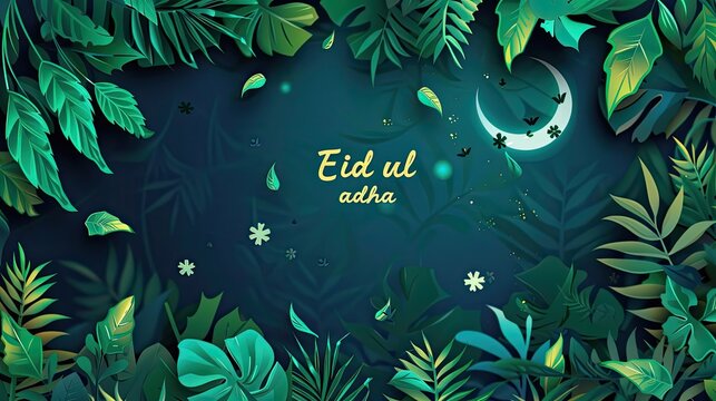 Eid ul adha, Eid ul fiter decoration background template illustration. banner, copy space Ramadan Kareem celebration, the moon shines big with trees equipped