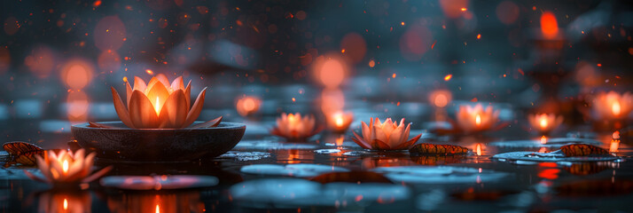 Glowing lotus-shaped lanterns floating on water, creating a magical ambiance. Vesak Day greeting card.