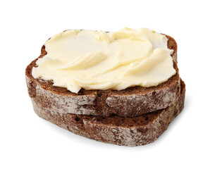 Slices of tasty bread with butter isolated on white