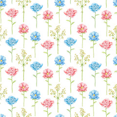 Seamless pattern with blue and red flowers isolated on white background. Watercolor hand drawn illustration