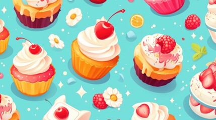 Indulge in a delectable pattern featuring a tempting cake topped with a juicy cherry Treat yourself to a sweet cupcake adorned with luscious cream and fresh berries
