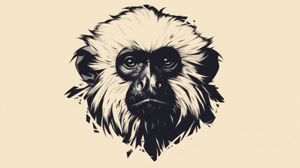 Capture the essence of a cotton top tamarin monkey with a retro style illustration of its front facing head as a mascot icon depicted in black and white and isolated on a background
