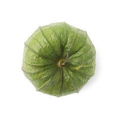 Naklejka premium Fresh green tomatillo with husk isolated on white, top view
