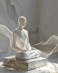 Design a sculpture of a figure in deep meditation surrounded by holographic projections of brain waves, combining clay sculpture with digital vector art to showcase the fusion of technology and mindfu