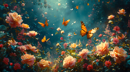Fototapeta na wymiar Eternal Garden: Oil Painting Depicts Flowers and Butterflies Across the Seasons