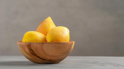 a ripe mango in a wooden bowl for advertisement and marketing purposes. fruit photography