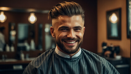Smiling man in a barbershop chair - obrazy, fototapety, plakaty