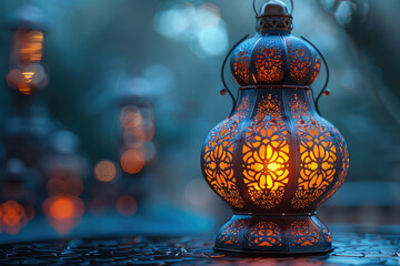 A beautifully crafted lantern with intricate patterns, glowing softly in the darkness, symbolizing joy and celebration during Ramadan. Created with Ai