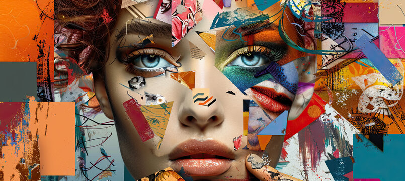 Fashionable image female facial collage many colorful elements trend puzzle