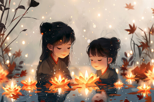 Two girls admiring water lilies in a magical pond, ideal for children's book illustrations. Vesak Day greeting card.