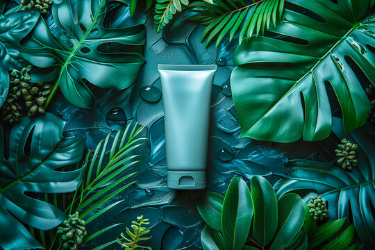 Blue green cream or lotion mock up bottle on summer exotic plants background with palm leaves. Space for text