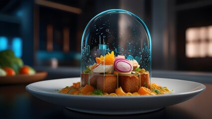 "Digital Culinary Fusion": An artistic blend of traditional ingredients with futuristic AI aesthetics. Vibrant dishes with a touch of innovation.