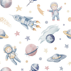 Space watercolor seamless Pattern. Background with cosmos, planets, cosmonauts and spaceship for Baby textile design or childish nursery wallpaper in pastel blue and pink colors. Cute backdrop for kid